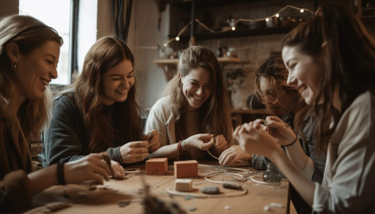 Young women smiling while enjoying craft workshop generated by AI